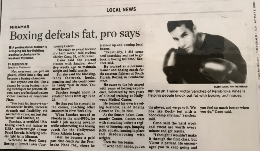 Archival newspaper coverage of Victor Sanchez coaching boxing in South Florida